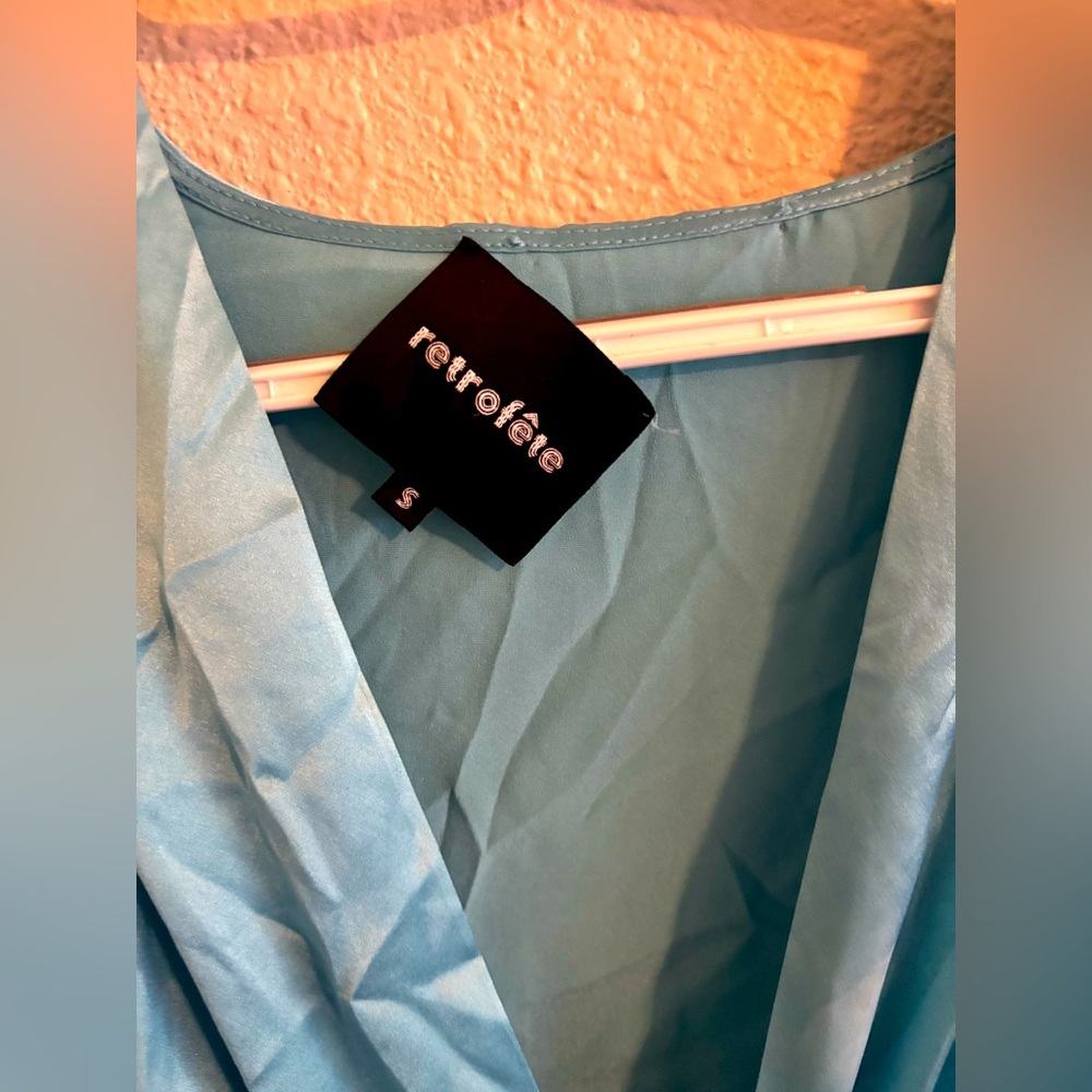 Retrofete Turquoise Satin Wrap Mini Dress - Picture 5 of 6